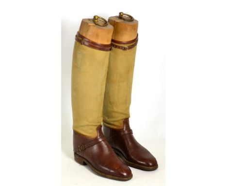 Two Pairs of Brown Leather and Canvas Riding Boots, with trees; A Pair of Back Leather Ice Skates; A Pair of Edwardian Arthur