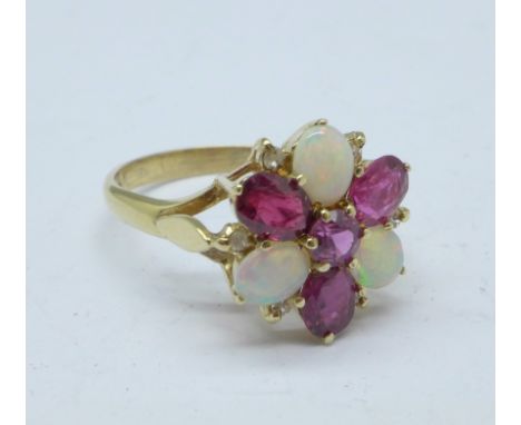 A 9ct gold, opal, ruby and diamond cluster ring, 3.3g, Q