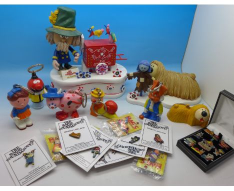 Magic Roundabout limited edition figures including Dougal and Mr Rusty, both signed by Robert Harrop, pin badges and key ring