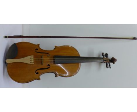 A cased violin and bow, length of back 33.75cm excluding button