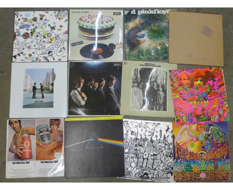 Twelve LP records, Pink Floyd, Led Zeppelin, Rolling Stones, Bob Dylan, Cream, etc.