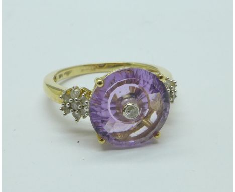 A 14ct gold, amethyst and diamond ring, signed Lehrer, 3.4g, D, with certificate