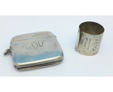 A silver vesta case and silver walking stick band, 48g