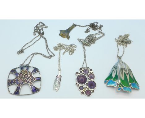 Five silver and enamel pendants and chains designed by Norman Grant, two enamel a/f