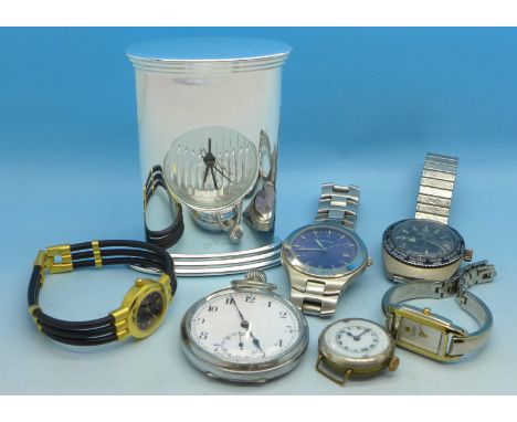 A pocket watch, wristwatches and a silver plated clock