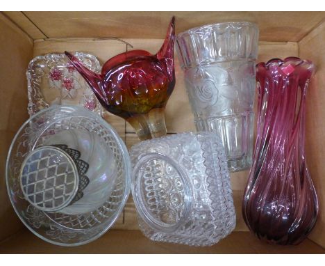 Seven items of glass including Whitefriars and an iridescent glass posy vase