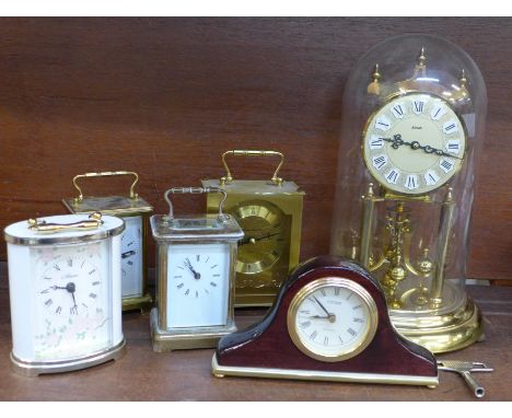 Four carriage clocks, an anniversary clock and a Citizen clock, (6)