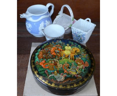 A hand painted cabinet cup, possibly Worcester, a porcelain basket, relief moulded jug, a/f, Russian lacquered box and a flor