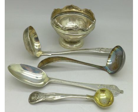 A Victorian Scottish silver ladle and a similar mustard spoon, Edinburgh 1845 by William Marshall and 1848 AM & Co., one othe