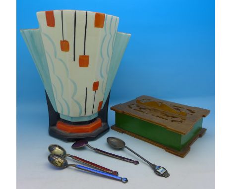 A Samford Ware hand decorated Art Deco posy vase, three enamel spoons, a souvenir spoon and wooden box
