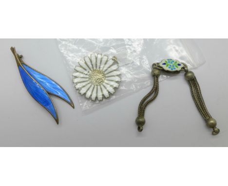 A silver Danish daisy brooch, Anton Michelsen, a Norwegian silver and enamel brooch and a silver and enamel bracelet, lacking