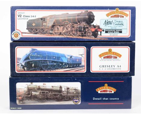Three Bachmann 00-gauge steam locomotives and tenders, comprising: 32-176, 2-6-0 Crab; 31-954, A4 Sir Nigel Gresley; and 31-5