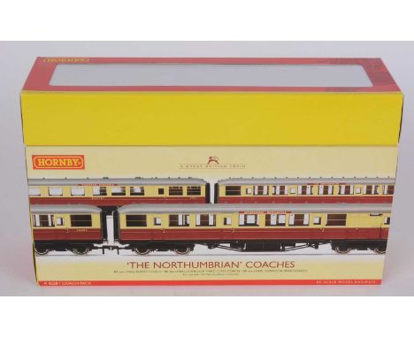 Hornby 00-gauge The Northumbrian coaches triple pack, R4228; and a buffet car, boxed.