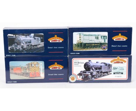 Four Bachmann 00-gauge locomotives, comprising: 31-611, V1 tank; 31-338, shunter D2282; 31-605, V3 tank; and 32-100, shunter,