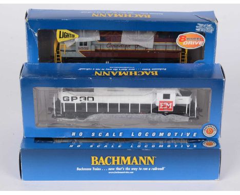 Five Bachmann HO-gauge model locomotives, all American outline diesel electric, boxed.