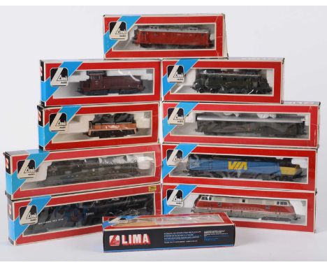 Ten LIMA HO-gauge locomotives and carriages, comprising: 201652, 208117, 208167, 205190, 208114, 303566, 309159, 208077, 2016