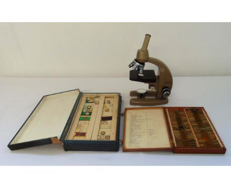 A quantity of pre-paired microscope slides of various type approx 230 slides and a Vickers Instruments microscope circa 1960