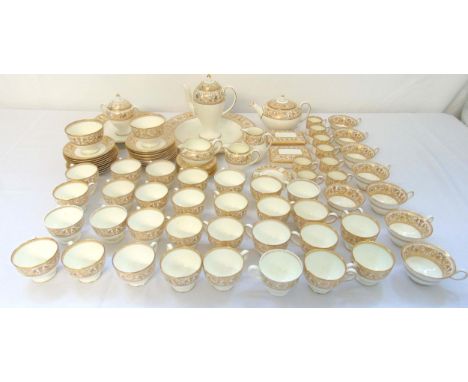 Wedgwood Gold Florentine W4219 tea and coffee service to include a teapot, a coffee pot, sugar bowls, cream jugs, a milk jug,