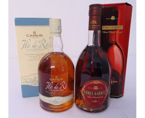 Three Barrels Finest French Brandy aged 15 years, XO 70cl and Camus cognac Ile de Re fine island cognac 70cl, 40% vol, both i