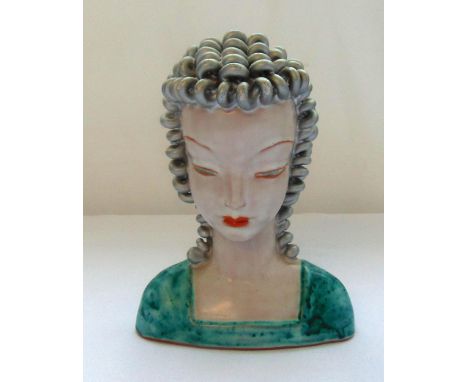 An Art Deco Goldscheider bust of a lady with curly hair, signed to the base, 20cm (h)