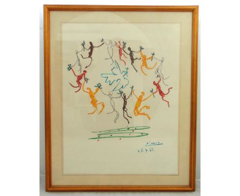 Pablo Picasso framed and glazed polychromatic print of dancing figures, 64.5 x 49.5cm