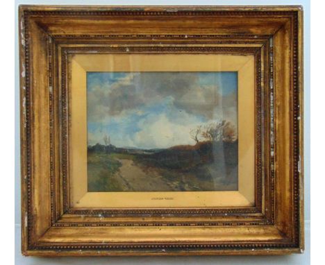 James Webb framed and glazed oil on panel of trees by a path in a landscape, label to verso, 20.5 x 25.5cm