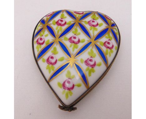 Limoges heart shaped patch box decorated with flowers and leaves