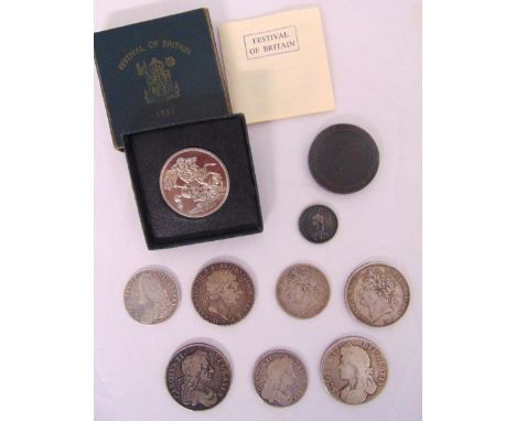 A quantity of GB coins  to include James II, Charles II, George II, George III, Geoge IIII, Victorian and a Festival of Brita