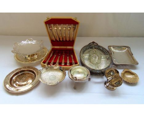 A quantity of silver plate to include cake stands, bonbon dishes, butter dish, sugar bowl and cased fish eaters