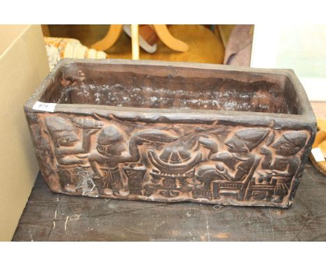 A terracotta Planter decorated with South American style figures by Foo Figueras, Spain, 20 1/2" wide x 8" depth x 9" high.
