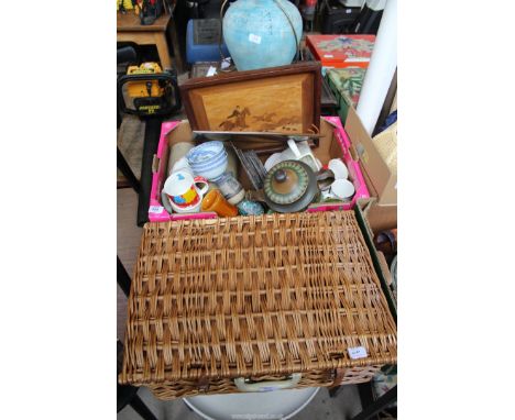 Old bed warmers, mixed china, a part picnic hamper, etc.