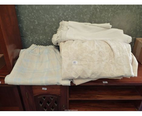 A pair of lined curtains, pencil pleat, blue check cream floral, 71" wide x 71" drop, two pairs curtains, pencil pleat, 77" w