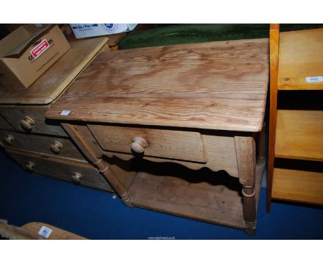 A scrubbed pine side table with drawer and shelf. 30" x 17 1/2" x 30" high.