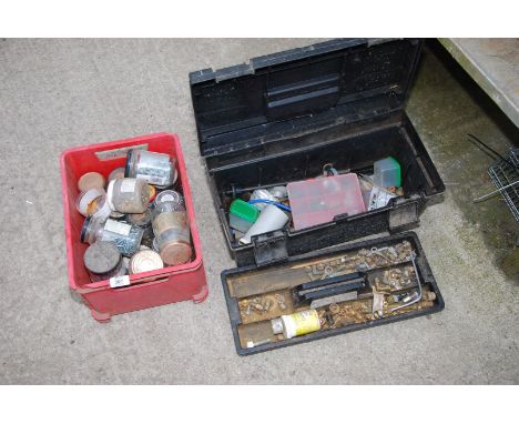 Some Jars of screws, nuts and bolts, galvanized nails, etc. and a tool box and tools etc.