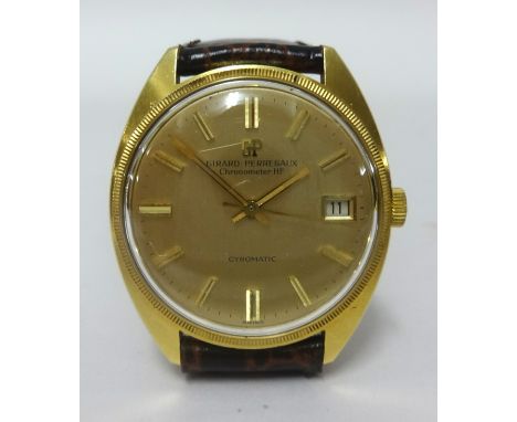 Girard Perregaux, a gents 18ct gold chronometer HF gyromatic wristwatch with original box and booklet, circa 1970, complete w
