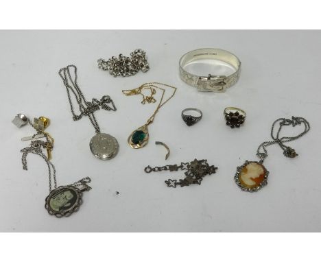 A silver and garnet type dress ring, a 9ct pendant, other general jewellery, silver buckle bangle, also lockets, cameo etc.