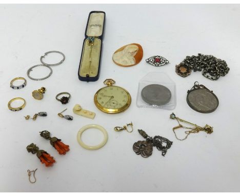 Various jewellery and other items including cameo, silver necklace, 18ct gold dress ring etc and gold and enamelled tie pin w