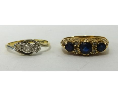 A 9ct gold sapphire and small diamond dress ring also a 18ct and platinum small three stone diamond ring (2).