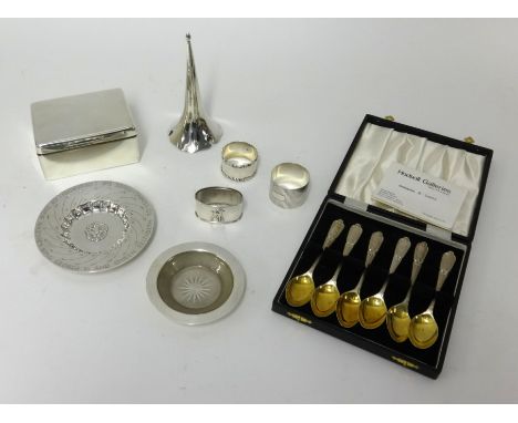 Various items including three Victorian linen effect silver napkin rings circa 1888, Edward VII Mappin and Webb napkin ring w