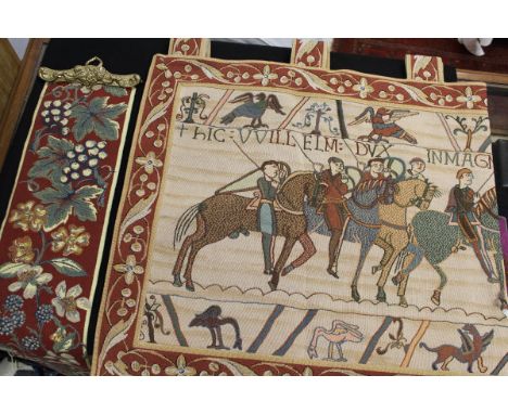 Three Bruges needlework tapestries to include a foliate panel, a panel after the Bayeux Tapestry and a further tapestry panel