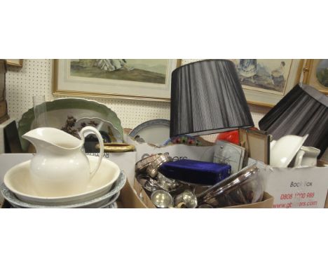 Six boxes of sundry glassware, china, plated wares etc including cream toilet jug and bowl, postal scales and weights, pair o