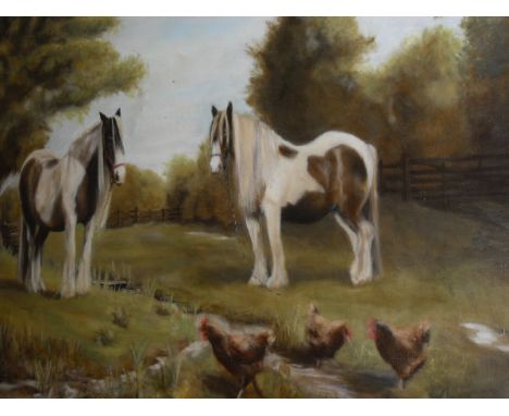 R GEMELL "Shire horses in field", a study of two chained shire horses by stream with chickens to the foreground", oil on canv