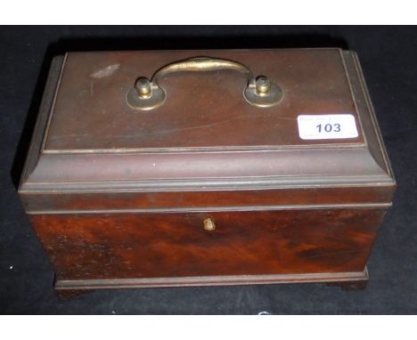 A George III mahogany tea caddy with brass swan-neck handle opening to reveal a three section interior (one divider missing) 