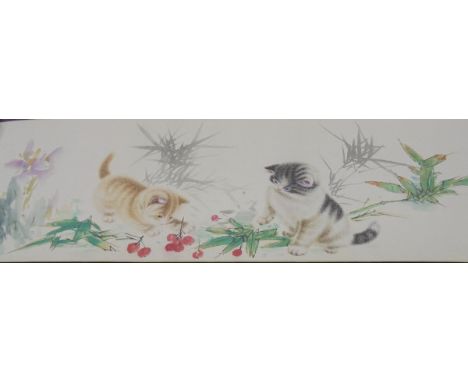 CHINESE SCHOOL "Kittens playing in a garden", watercolour on paper scroll