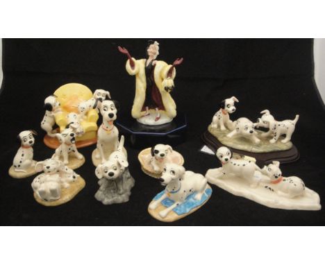 A Royal Doulton Disney's 101 Dalmatians figure set including "Cruella de Vil", "Perdita", "Lucky and Freckles on ice", "Pongo
