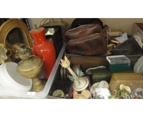 Three boxes of sundries to include oil lamp, wicker frame mirror, painted metal lantern, camera equipment, sundry glass china