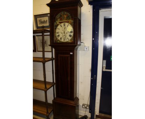 A 19th Century mahogany long case clock with swan neck pediment above a mahogany and satinwood banded body, the enamel dial m