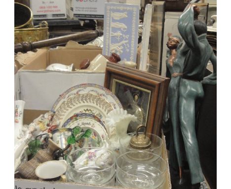 A box of various chinawares to include figures, plates, jade style animal figures, a pair of Art Deco style painted dancers e