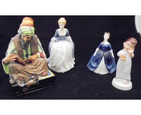 A Royal Doulton figure "Cobbler" (HN 1706), Royal Doulton figurine "Alison" (HN 2336), another "Debbie" (HN 2385), Royal Dux 