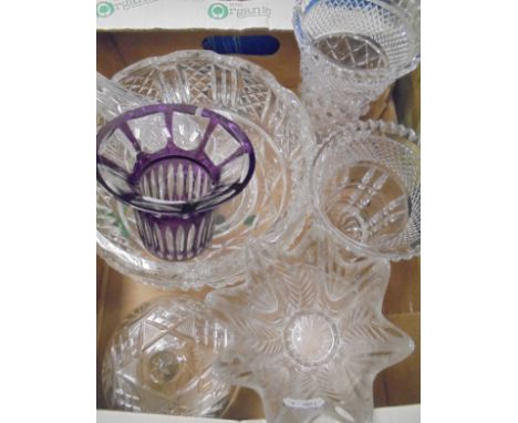 A box of various glassware to include a Bohemian style overlaid glass vase, a box of various chinawares to include various ch